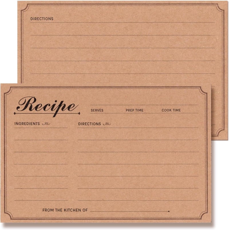 Prims & Flourish Recipe Cards 4x6 Double-Sided, 50-Pack Blank Kraft Recipe Cards, Minimalist and Rustic Design for Bridal Shower - Image 1